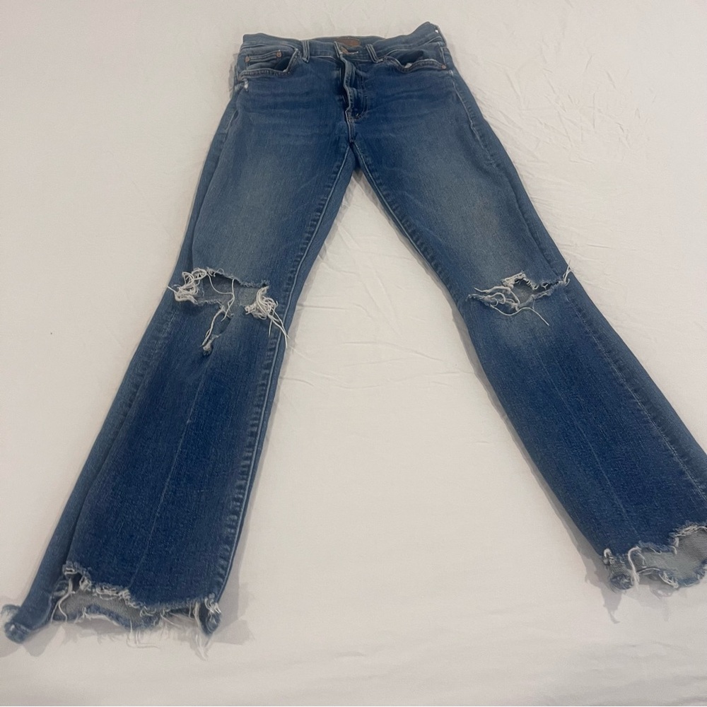 MOTHER Blue Distressed Cropped Flare Jeans